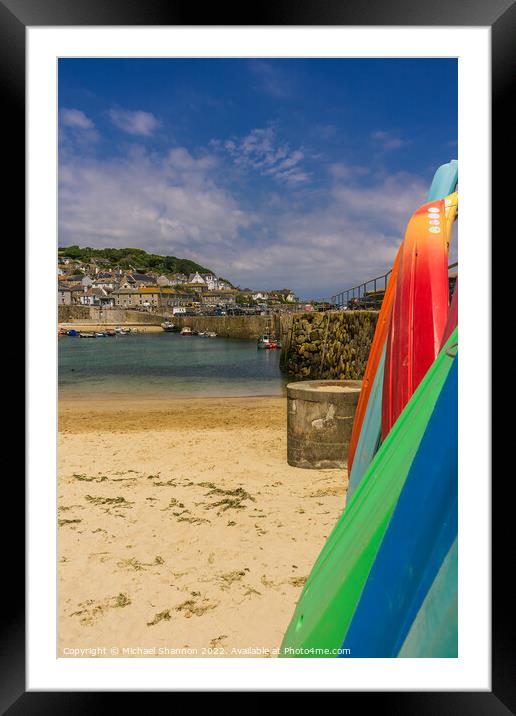 Surfboards stacked in Mousehole harbour, Cornwall Framed Mounted Print by Michael Shannon