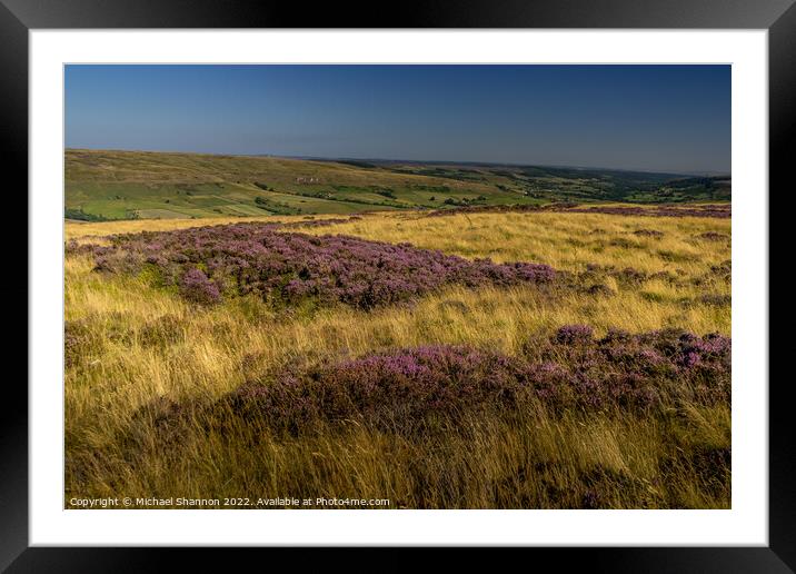 Patches of flowering heather in Rosedale, North Yo Framed Mounted Print by Michael Shannon