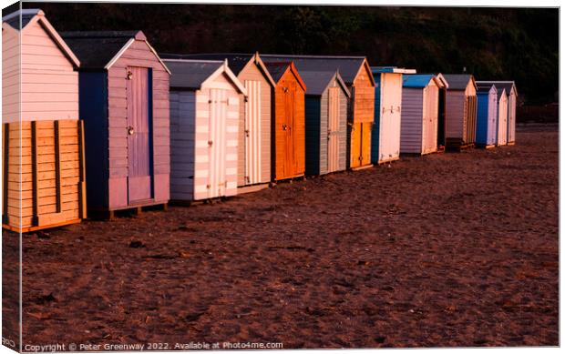 Beach Huts On Teignmouth's Back Beach At Sunset Canvas Print by Peter Greenway