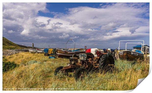 Old tractors and boats near the beach at Skinningr Print by Michael Shannon
