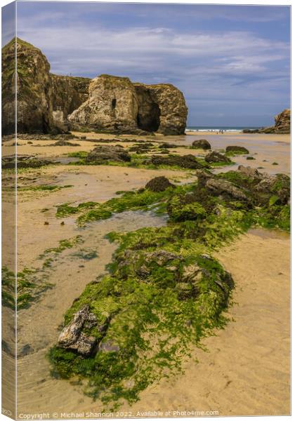 Rocks and Cliffs at Perranporth beach in Cornwall Canvas Print by Michael Shannon