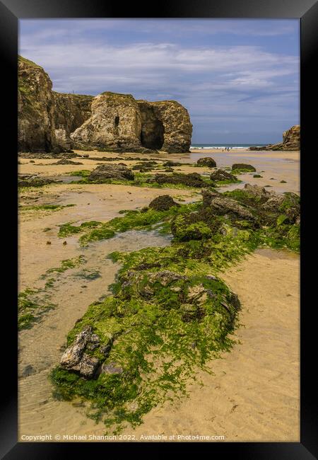 Rocks and Cliffs at Perranporth beach in Cornwall Framed Print by Michael Shannon