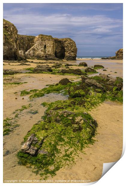 Rocks and Cliffs at Perranporth beach in Cornwall Print by Michael Shannon