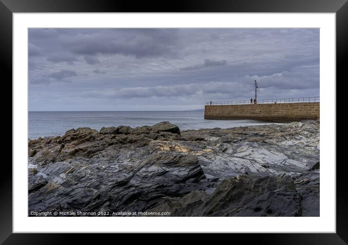 Rocks and Pier, Porthleven Beach Cornwall Framed Mounted Print by Michael Shannon