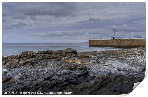 Rocks and Pier, Porthleven Beach Cornwall Print by Michael Shannon
