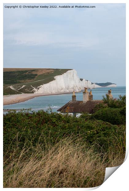 Seven Sisters Cliffs and coastguard cottages Print by Christopher Keeley