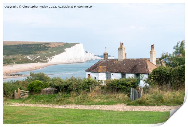 Seven Sisters Cliffs and coastguard cottage Print by Christopher Keeley