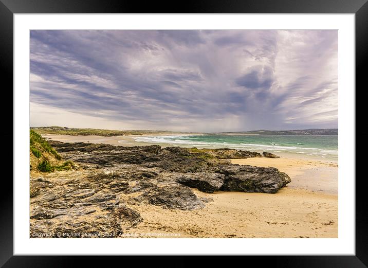 Rock formations on the beach at Godrevy in Cornwal Framed Mounted Print by Michael Shannon