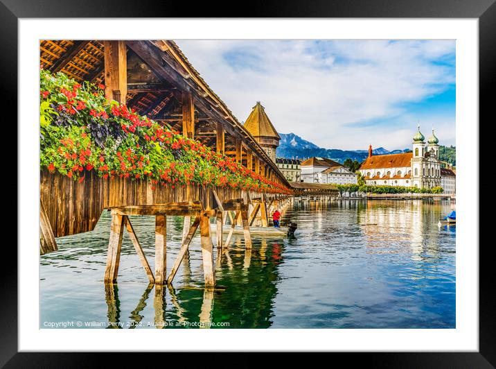 Chapel Wooden Covered Bridge Jesuit Church Reflection Lucerne Sw Framed Mounted Print by William Perry