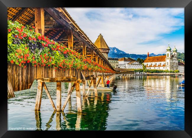 Chapel Wooden Covered Bridge Jesuit Church Reflection Lucerne Sw Framed Print by William Perry