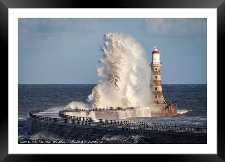 Roker Lighthouse and Waves Framed Mounted Print by Ray Pritchard