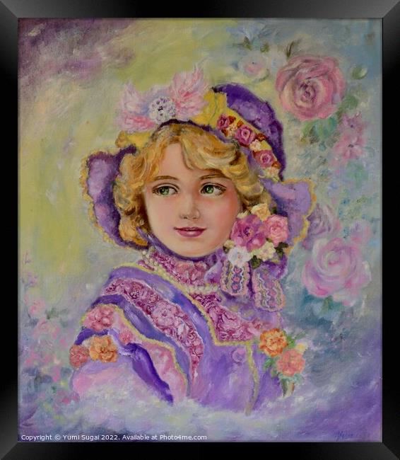 Yumi Sugai.A girl in a purple flower hat. Framed Print by Yumi Sugai