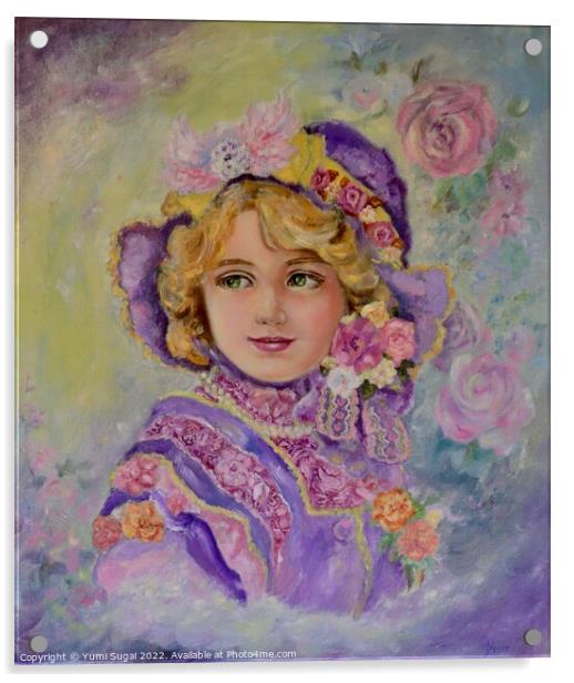 Yumi Sugai.A girl in a purple flower hat. Acrylic by Yumi Sugai