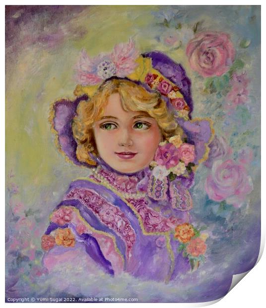 Yumi Sugai.A girl in a purple flower hat. Print by Yumi Sugai
