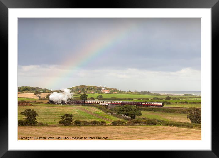 Norfolk steam train with Weybourne windmill and rainbow Framed Mounted Print by Simon Bratt LRPS