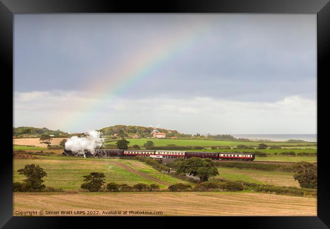 Norfolk steam train with Weybourne windmill and rainbow Framed Print by Simon Bratt LRPS