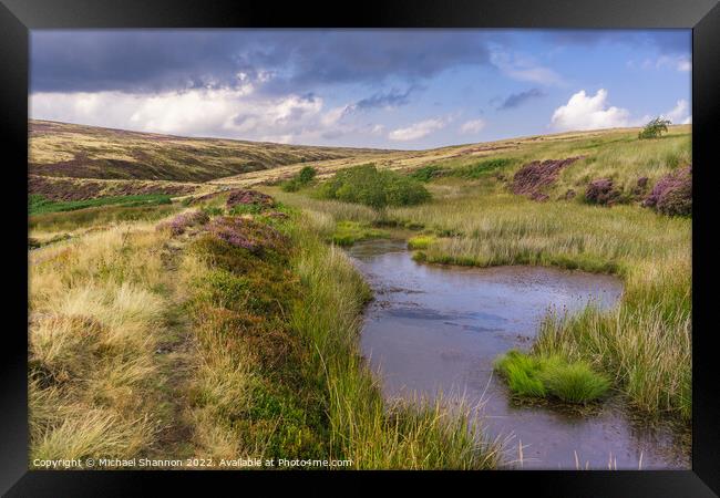 Patches of purple moorland and a small pond - Rose Framed Print by Michael Shannon