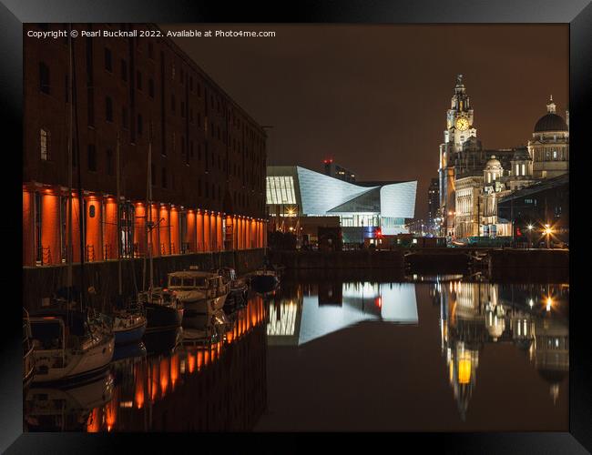 Night Reflections in Albert Dock Liverpool  Framed Print by Pearl Bucknall
