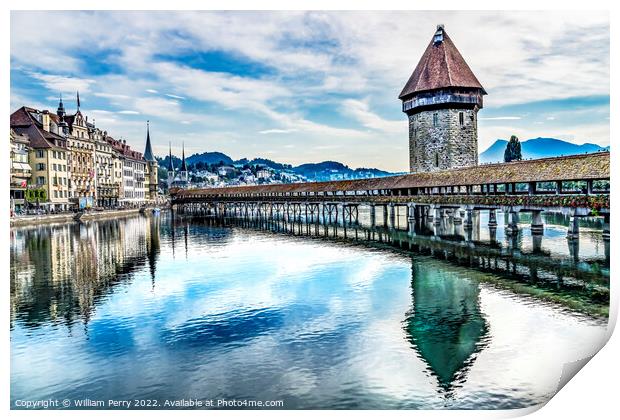 Chapel Wooden Covered Bridge Inner Harbor Lucerne Switzerland Print by William Perry