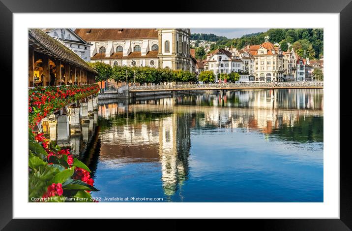 Chapel Bridge Jesuit Church Reflection Lucerne Switzerland Framed Mounted Print by William Perry