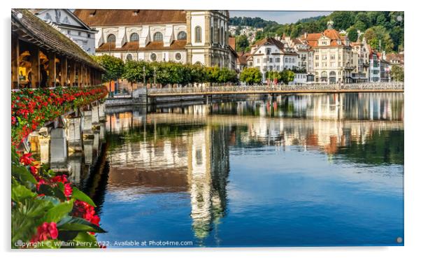 Chapel Bridge Jesuit Church Reflection Lucerne Switzerland Acrylic by William Perry