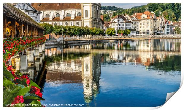 Chapel Bridge Jesuit Church Reflection Lucerne Switzerland Print by William Perry