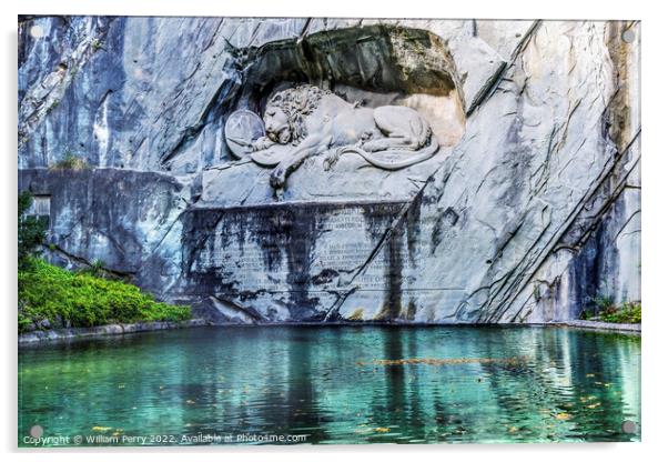 Dying Lion Rock Reflief Monument Reflection Lucerne Switzerland Acrylic by William Perry
