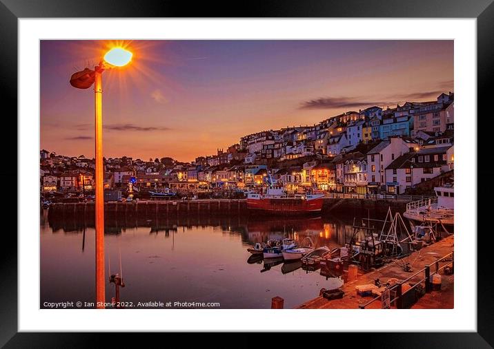 Brixham Harbour at night  Framed Mounted Print by Ian Stone