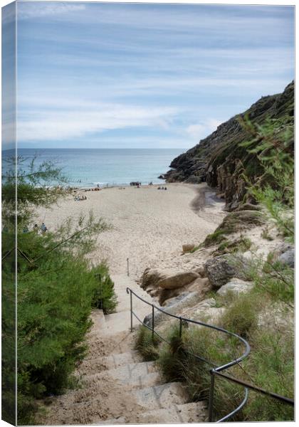 Porthcurno beach,steps to the beach Canvas Print by kathy white