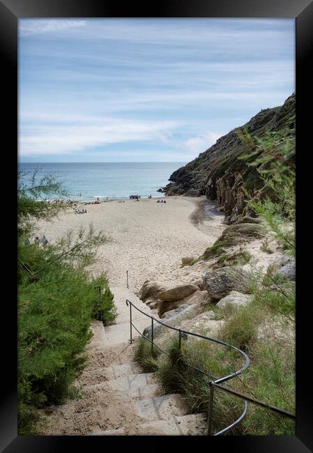 Porthcurno beach,steps to the beach Framed Print by kathy white