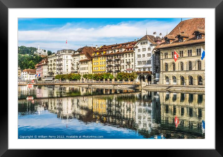 Restaurants Shops Inner Harbor Reflection Lucerne Switzerland  Framed Mounted Print by William Perry