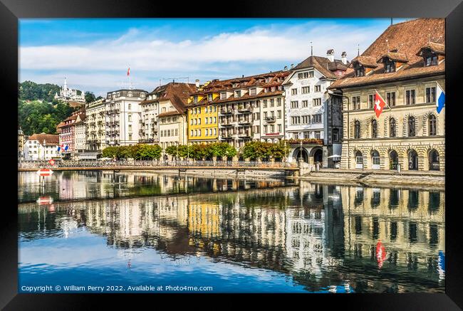 Restaurants Shops Inner Harbor Reflection Lucerne Switzerland  Framed Print by William Perry