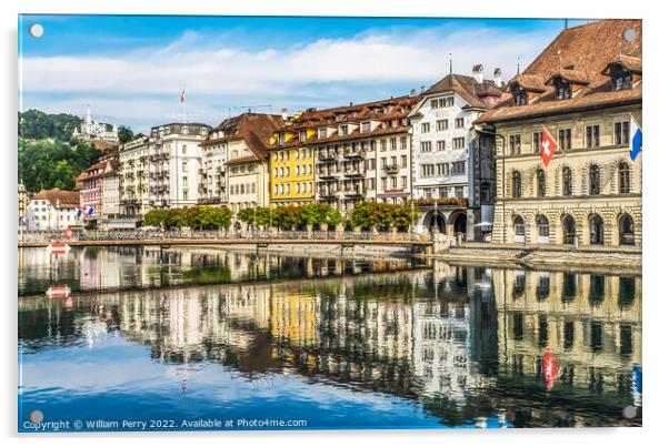 Restaurants Shops Inner Harbor Reflection Lucerne Switzerland  Acrylic by William Perry