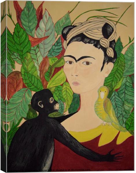Frida with Monkey and bird Canvas Print by Stephanie Moore