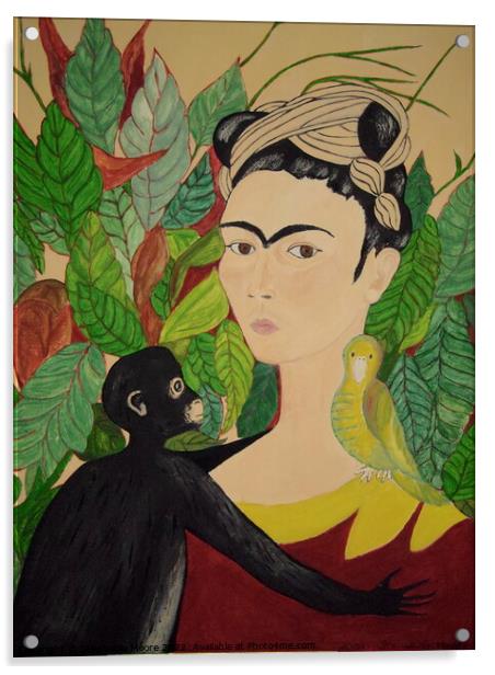 Frida with Monkey and bird Acrylic by Stephanie Moore