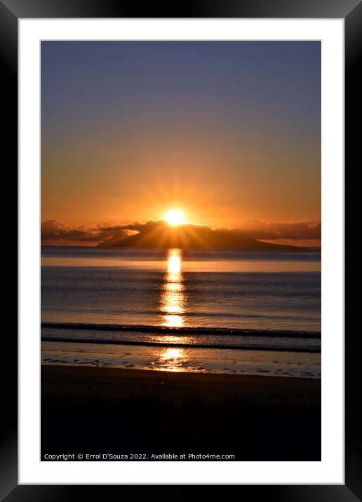 Sunrise glow over Little Barrier Island Framed Mounted Print by Errol D'Souza