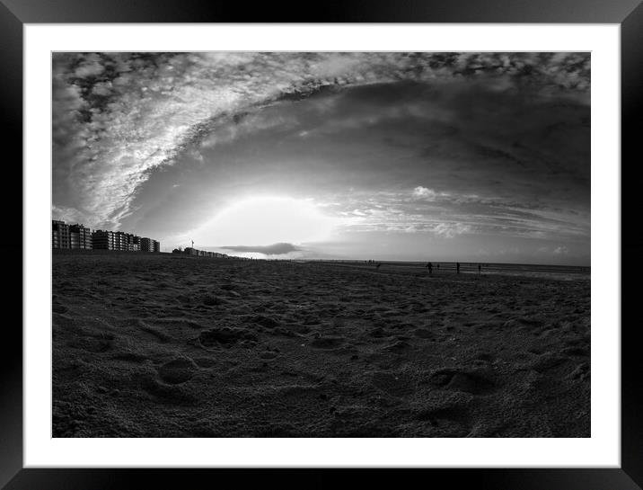autmunal sunset on beach in black and white Framed Mounted Print by youri Mahieu
