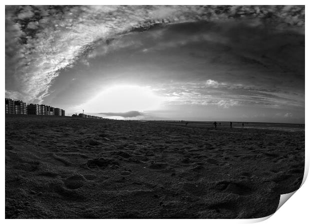 autmunal sunset on beach in black and white Print by youri Mahieu