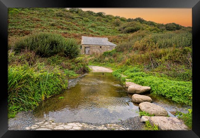 stepping stones across river at Penberth Cove  Framed Print by kathy white