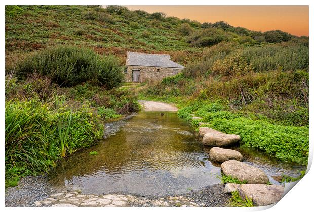 stepping stones across river at Penberth Cove  Print by kathy white