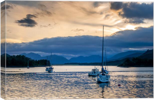 Sailing boats at sunset at Loch Leven near Glencoe Canvas Print by Delphimages Art
