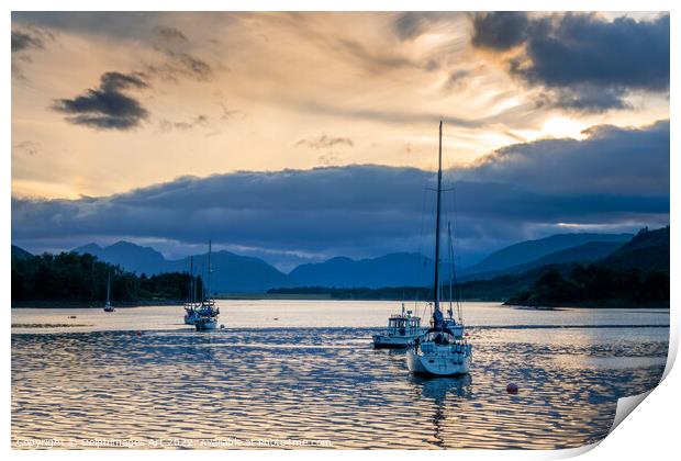 Sailing boats at sunset at Loch Leven near Glencoe Print by Delphimages Art