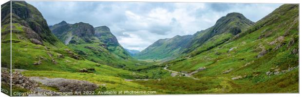 Panorama of Glencoe valley, Highlands of Scotland Canvas Print by Delphimages Art