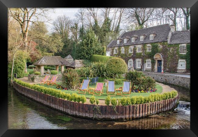 Cotswolds hotel and deck chairs in Bibury Framed Print by Christopher Keeley
