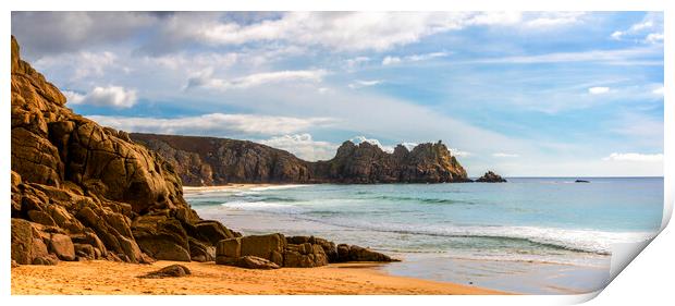 Porthcurno Beach and Logan Rock, Cornwall. Print by Maggie McCall