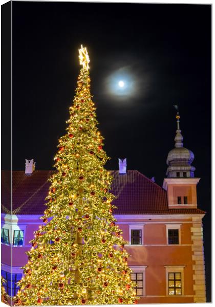 Christmas Tree, Castle And The Moon Canvas Print by Artur Bogacki