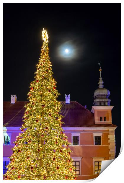 Christmas Tree, Castle And The Moon Print by Artur Bogacki