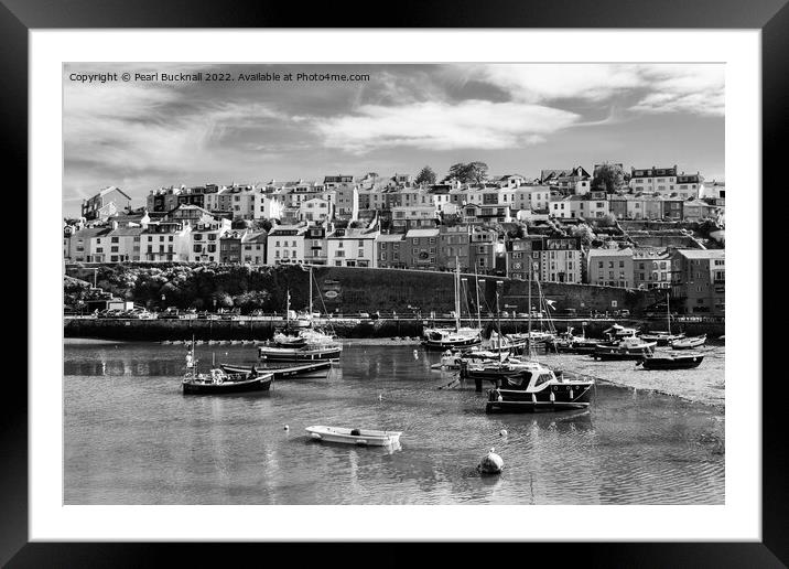 Brixham Harbour Devon Coast Black and White Framed Mounted Print by Pearl Bucknall