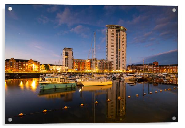 The Meridian tower at Swansea marina Acrylic by Bryn Morgan