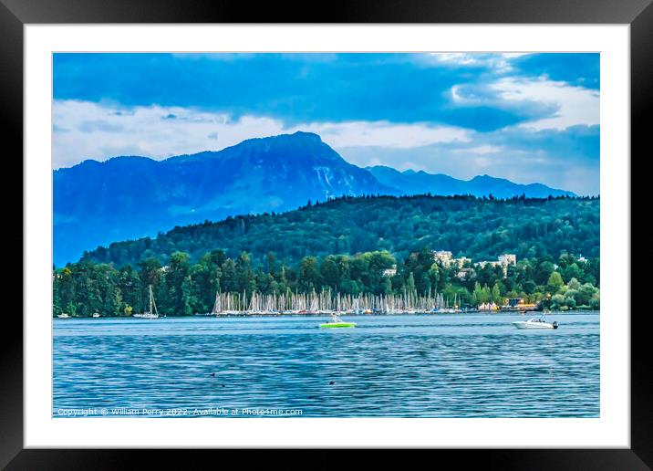 Lake Mountains Sailboats Harbor Boats Lucerne Switzerland Framed Mounted Print by William Perry
